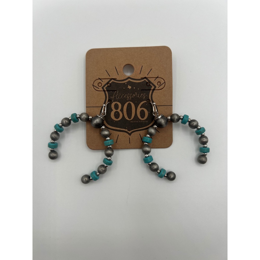 Pink Panache 806 Accessories Turquoise Silver Bead Hoop Dangle Earrings Western